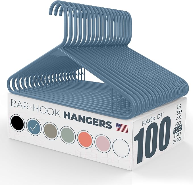 Plastic Hangers 100 Pack – Made in the USA – 6lb Capacity Standard Clothes Hangers with Strap Hooks for Dresses, Lingerie, Shirts, Pants, and Jackets – Blue