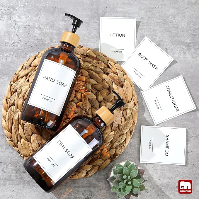 GMISUN Amber Glass Soap Dispenser, 2 Pack Bathroom Hand Soap Dispensers with Bamboo Pump, 17 Fl Oz Kitchen Hand and Dish Soap Dispenser Set, Modern Vintage Liquid Brown Soap Dispensers Bottle
