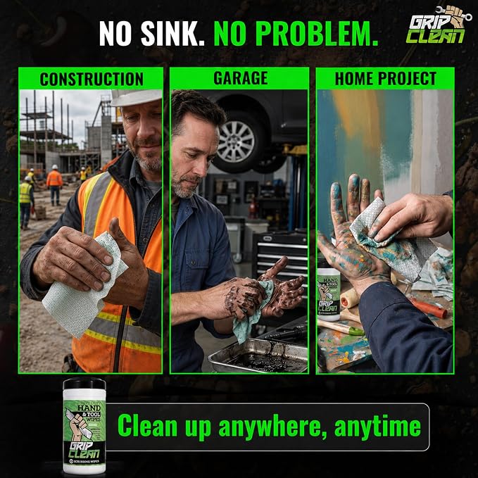 Grip Clean Heavy Duty Hand & Tool Cleaning Wipes – Waterless Hand Cleaner for Mechanics, Garage & Shop Use – Dual-Sided Grease, Oil & Paint Remover Wipes with Citrus Scent - 30ct