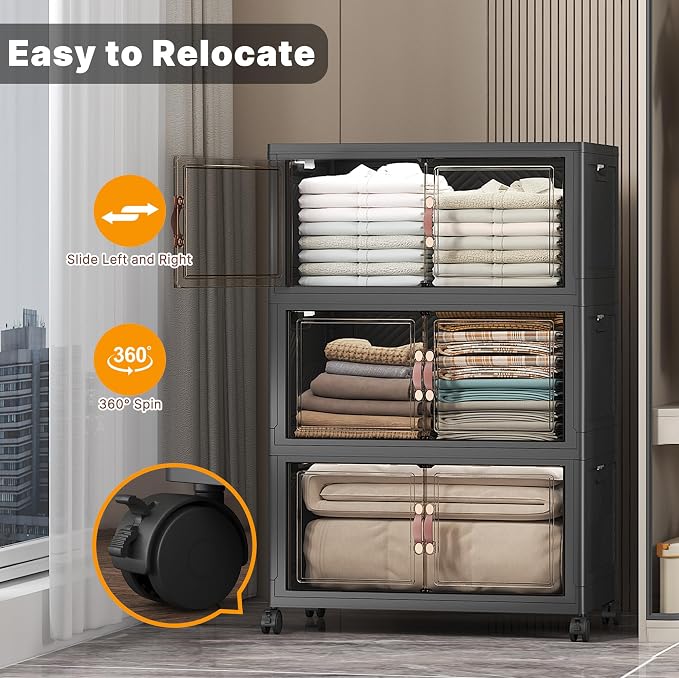 Stackable Storage Bins, 672QT Collapsible Drawers with 2 Lids | Large Capacity, Magnetic Door, Stack Lock, Rolling Wheels, Foldable Design, Organizers and Storage for Bedroom Dorm Garage