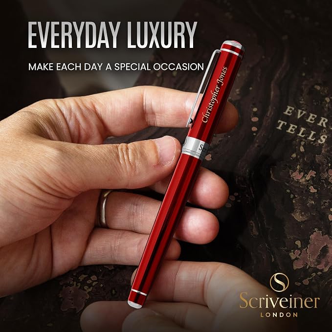 Scriveiner Personalized Deep Crimson Red Rollerball Pen - Stunning Red Lacquer Luxury Pen with Chrome Finish, Schmidt Ink Refill, Engraved Roller Ball Gift Set for Men & Women, Custom Name Engraving