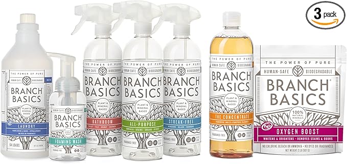 Branch Basics Premium Starter Kit: All Purpose Cleaner, Glass, and Bathroom Cleaner plus our Foaming Wash, and Laundry Bottle (3 Plastic Spray Bottles + Concentrate) Fragrance-Free