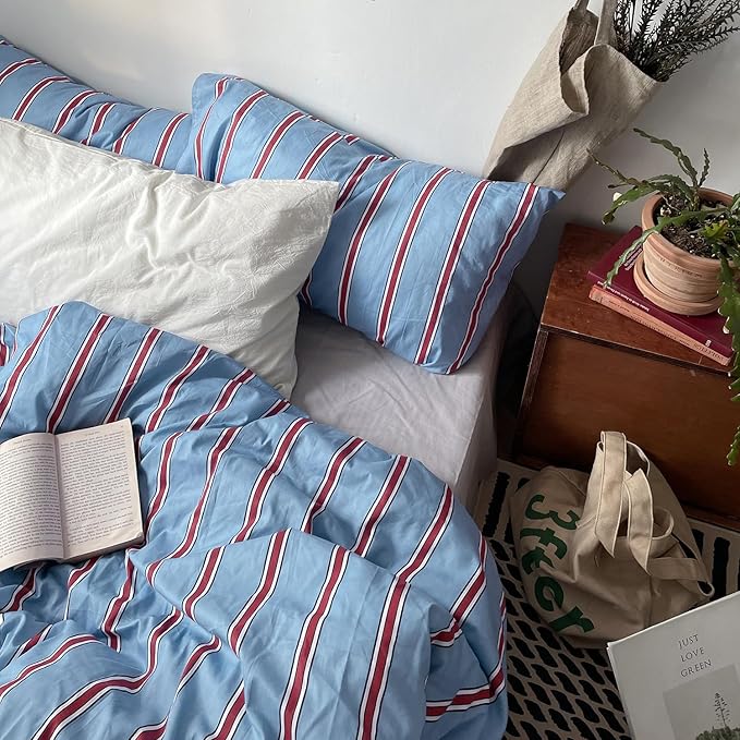 mixinni Vintage Striped Blue Duvet Cover Queen - 100% Cotton Red Stripes 3-Piece Bedding Duvet Cover Set with Zipper Closure, Soft & Breathable Retro Design for All Seasons (Queen Size)
