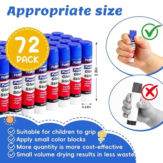 72 Pack Glue Sticks Bulk for Kids, Disappearing Purple Glue Sticks for Classroom and Teacher Supplies.0.18 OZ kids glue Dries Clear, Non-Toxic, Washable, Back to School Supplies and Student Must Haves