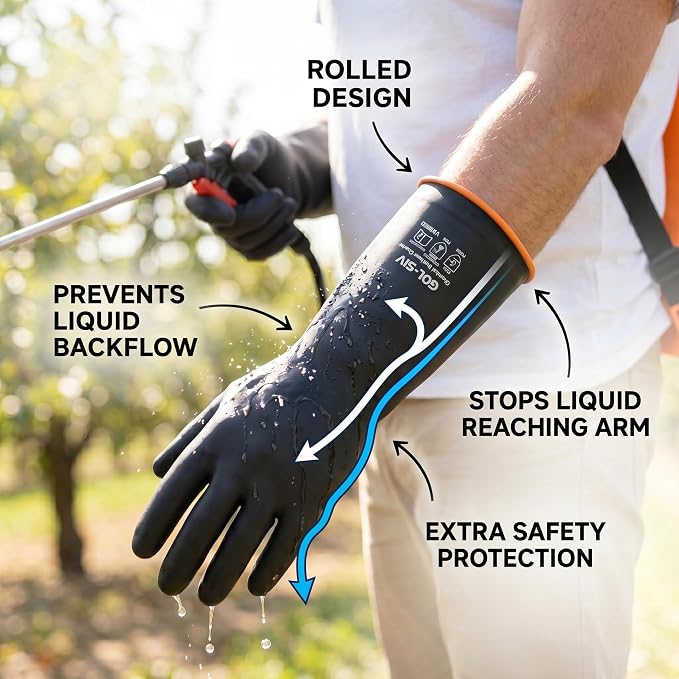 Industrial Chemical Resistant Work Gloves, 14 Inch Heavy Duty Black Latex PPE, Waterproof Acid/Alkali Proof with Non-Slip Grip for Janitorial & Cement Mixing, 2 Pairs