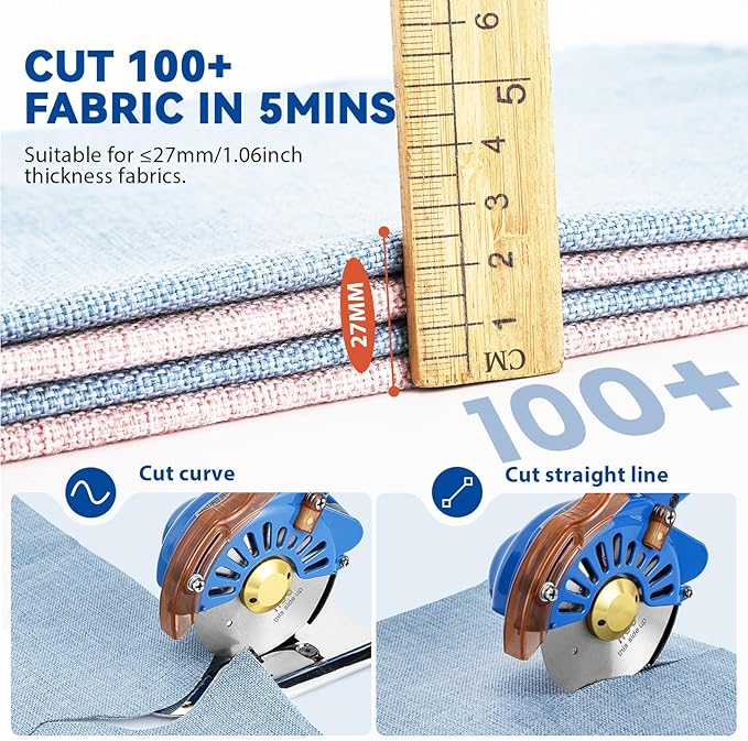 BAOSHISHAN 100mm Plug-in Electric Fabric Rotary Cutter Heavy Duty | Speed Adjustable Round Blade Fabric Cutting Machine for ≤1.06 inch Thickness Multilayer Fabric Leather Cloth Carpet (Blue)