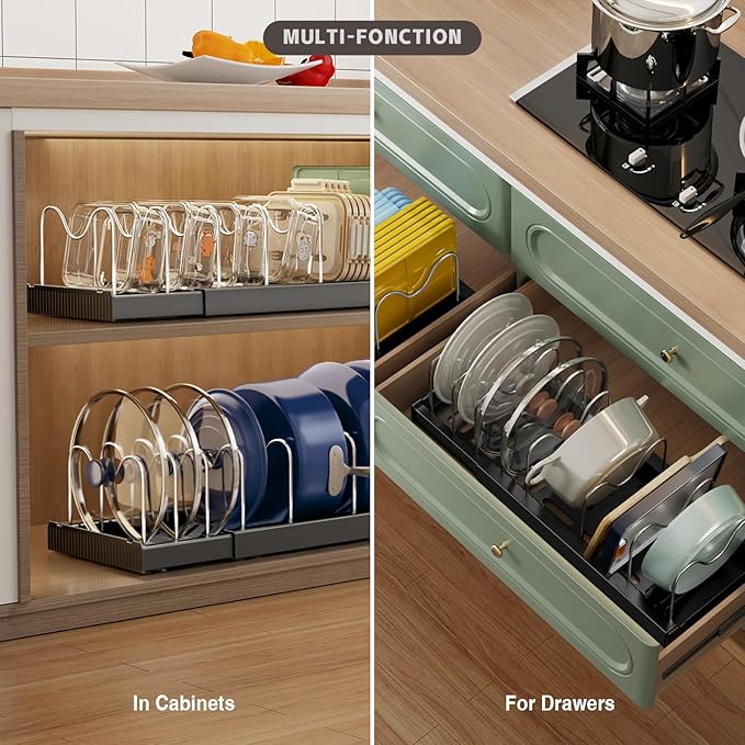 Magheo Expandable Food Storage Container Lid Organizers, 22" Pots and Pans Organizer Under Cabinet with 9 Adjustable Dividers Pot and Pan Lid Holders Rack Inside Cabinet(Black,1 Pack)