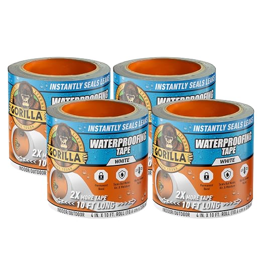 Gorilla Waterproof Patch & Seal Tape, White Tape, 4" x 10' (Pack of 4) - Permanent Weather Resistant Seal for Leaks and Repairs