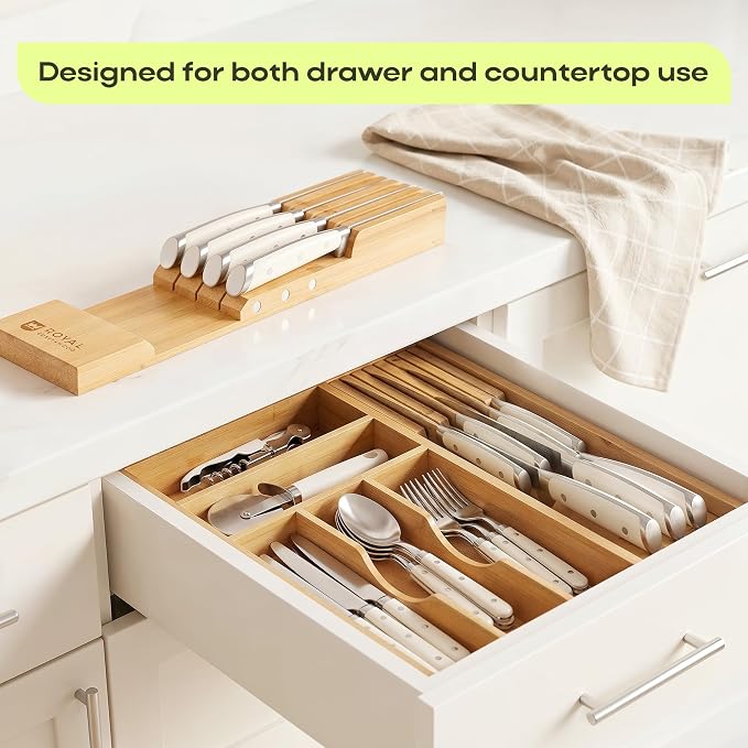 Drawer Organizer with Knife Block for Kitchen Organization, Bamboo Silverware Drawer Organizer, Compact Bamboo Cutlery Tray for Flatware and Utensils, Removable 7-Slot Knife Block for Kitchen Drawers