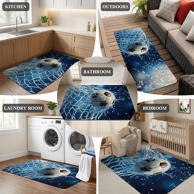 Soccer Ball Washable Area Rugs for Living Room Bedroom, Large Non Slip Indoor Floor Carpet Absorbent Low Pile Wet Net Power Shot Blue Football Door Mat Rugs for Bathroom Entryway 63"x78.7"