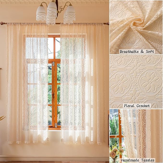 Sutuo Home Beige Boho Lace Curtains for Nursery Bedroom,Floral Semi Sheer Curtains Victorian Style Privacy Crochet Vintage Tassels Bohemian Cottagecore Window Treatments Rod Pocket,2 Panels 50" x 72"