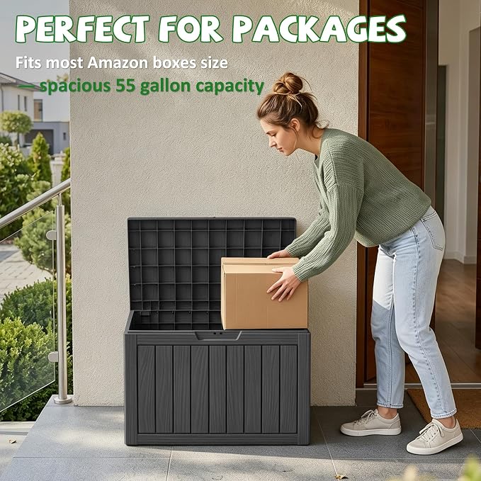 DRATO 55 Gallon Outdoor Storage Box Waterproof, Lockable Resin Deck Boxes | Weatherproof Patio Furniture, UV-Resistant Pool Supplies & Garden Tools, Backyard, Porch, Easy Asembly, 300lbs, Black
