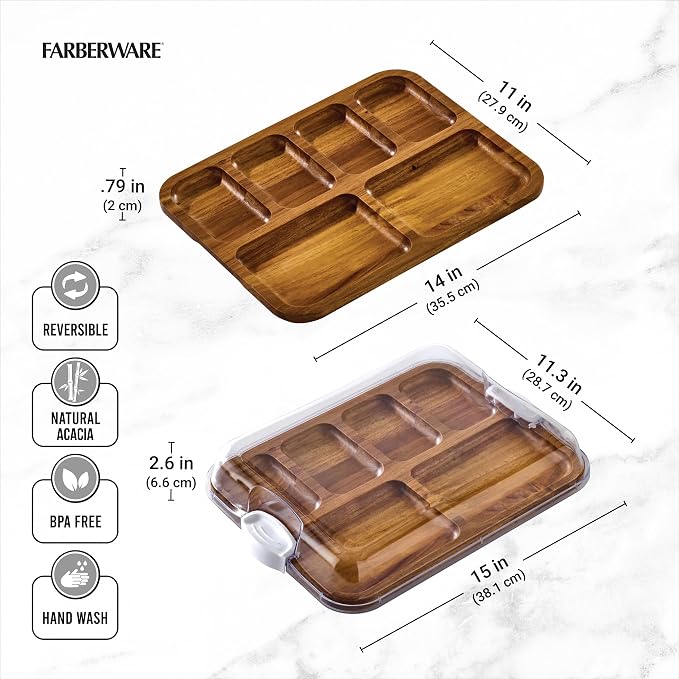 Farberware Build-A-Board Acacia Cutting Board with Compartments and Clear Locking Lid, White Handles, 11x14 Inches - Charcuterie Board, Snack Tray, Food Prep and Portable Entertaining Platter