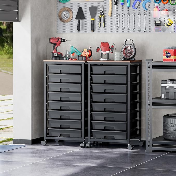 SYKIARIOL Rolling Storage Cart with Drawers,Utility Cart With 8 Drawers and Wooden Tabletop,Rolling Drawer Cart,Storage Drawer Cart for Living Room,Classroom,Bedroom,Bathroom,Dorm,Office, Black