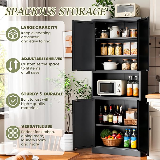 AQY Metal Pantry Cabinet, 72" Black Kitchen Storage Cabinet with Doors | Microwave Stand 3 Adjustable Shelves Freestanding Storage Metal Cabinet Kitchen Organization
