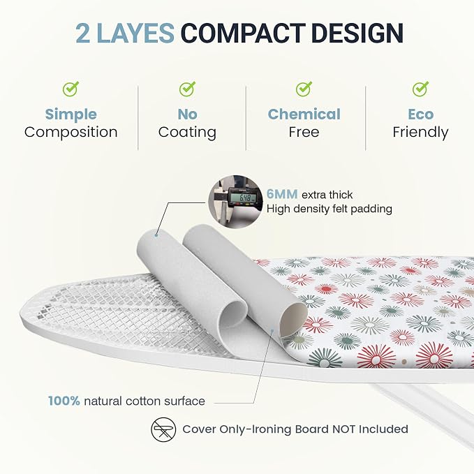 UniSimp Ironing Board Cover and Pad 15"x54" Extra Thick Natural Cotton, Scorch and Stain Resistant Padding, Standard Size Iron Board Cover with Fasteners Heavy Duty Elastic Edge, Heatproof Sunflora