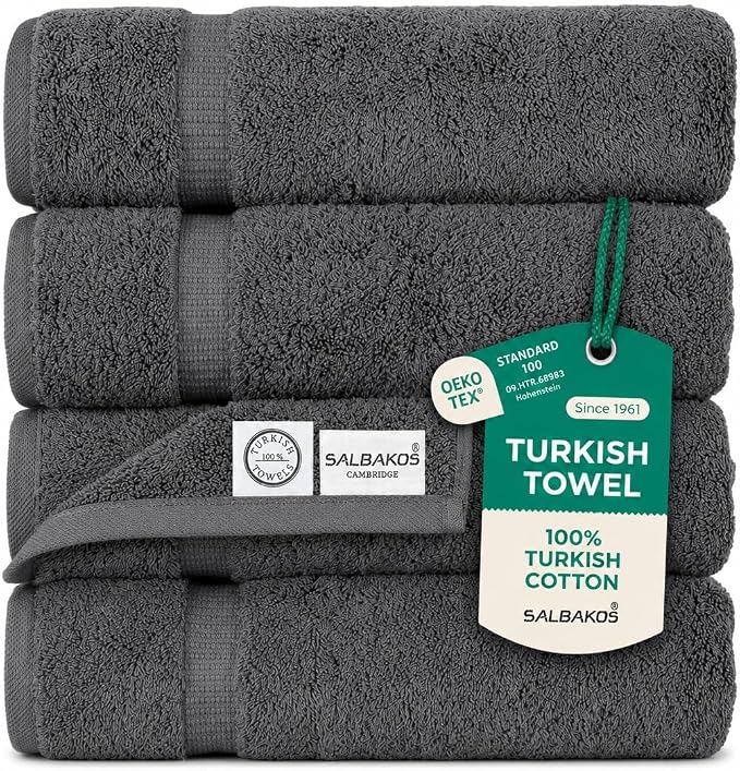 SALBAKOS 4-Piece 100% Turkish Cotton Bath Towels, 27x54 inch, Gray | Standard Size, 630 Gsm Thick Super Soft Highly Absorbent Quick-Dry Bathroom Towel, Premium Hotel & Spa Quality Made in Turkey