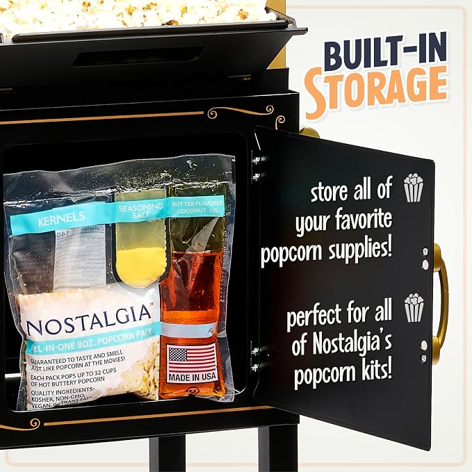 Nostalgia Popcorn Maker Machine - Vintage Theater Style Popcorn Cart With 2.5oz Stainless Steel Kettle, Makes Up To 10 Cups Easily - Bring Home the Fun with Theater Style Popcorn Machine-Black