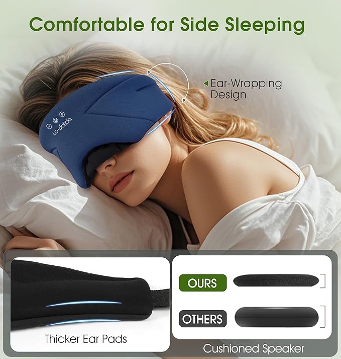 Sleep Mask with Headphones Bluetooth 5.4, LC-dolida Wireless Music Eye Mask for Sleeping Headphones with Soft Bamboo Cotton Cooling Breathable,Ultra-Thin Stereo Speaker for Side Sleepers-Blue