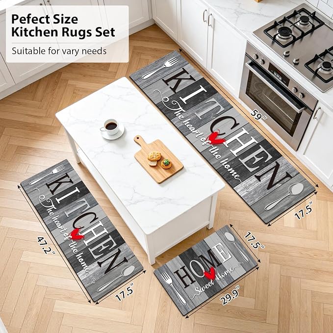 Kitchen Rugs Set 3 Piece, Non Slip Kitchen Mats for Floor, Soft Fabric with Rubber Backing, Farmhouse Anti Fatigue Runners Carpet for Home Kitchen Laundry Room Hallway (Rustic Grey & Black)