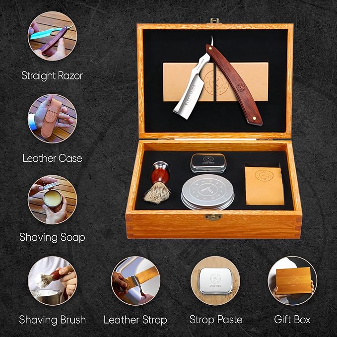 Naked Armor Thor Straight Razor Kit, Japanese Stainless Steel Shaving Set | 7-Pc Shave Ready Wet Shaving Kit, 7/8" Barber Straight Edge Razor Set, Strop, Paste, Brush, Soap, Sheath, Box, Gifts for Men