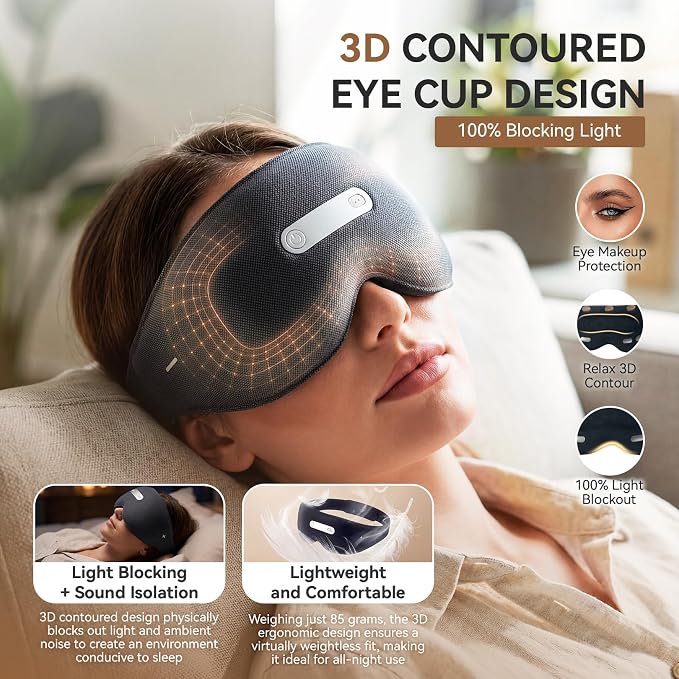 AI Smart Sleep Mask Aid Machine, Sleep Eye Mask with Sleep Monitoring, APP Control, White Noise & Meditation Music, 3D Breathable Light Blocking Eye Cover for Travel, Home, Office Naps (Black)