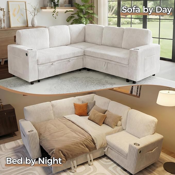 L Shaped Sectional Sleeper Sofa, Pull Out Couch with Storage, Beige | Pull Out Bed, 5 Seat Modular Design, Soft Corduroy Fabric, USB Charging, Cup Holders, Removable Covers, Easy Assembly