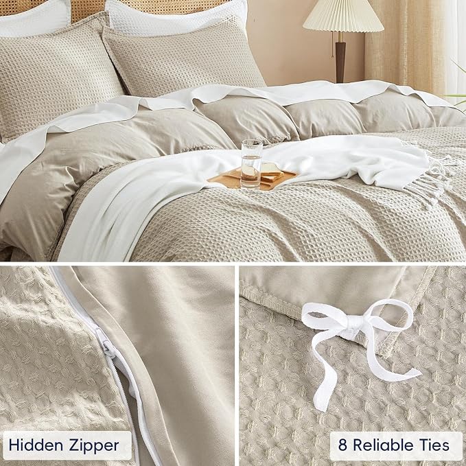 PHF Waffle Weave Duvet Cover Set California King, No Snagging Ultra Soft Luxury Textured Breathable Comforter Cover for All Season 3pcs, Durable Bedding Duvet Set with 2 Pillow Shams, 104"x98", Linen
