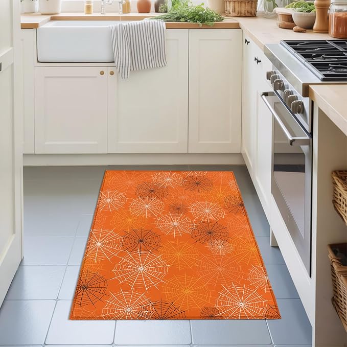Entryway Area Rug 2'x3', Orange Halloween Washable Small Area Rugs for Kitchen Bathroom Bedroom Office Laundry, Black White Net Halloween Non Slip Door Mat Indoor Entrance Floor Throw Carpet