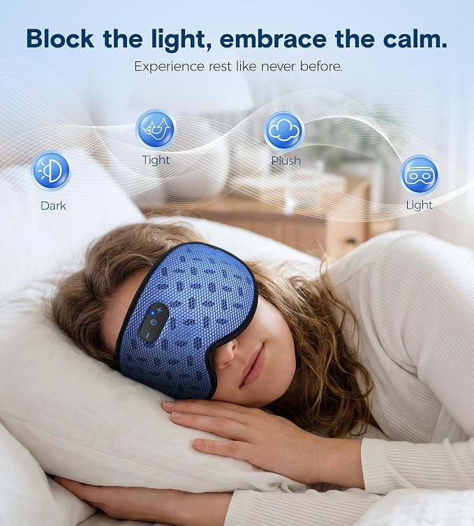 MUSICOZY Bluetooth Sleep Mask, Cooling Weighted Eye Mask with Bluetooth Headphones for Side Sleepers, 3D Contoured Relaxing No Pressure Eye Cover to Block Light for Night Sleeping(Grid Blue)