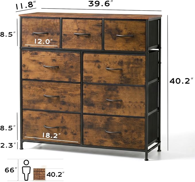WLIVE 9-Drawer Dresser, Fabric Storage Tower for Bedroom, Hallway, Entryway, Closet, Tall Chest Organizer Unit with Fabric Bins, Steel Frame, Wood Top, Easy Pull Handle, Rustic Brown Wood Grain Print