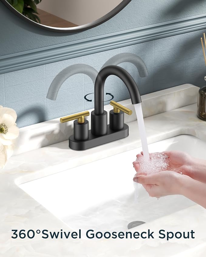 FORIOUS 4 in Black and Gold Bathroom Faucet Centerset, 2 Handle Matte Black Swivel Faucet for Bathroom Sink 2 or 3 Hole with Pop up Drain and cUPC Supply Hose, Suitable for Vanity RV Restroom