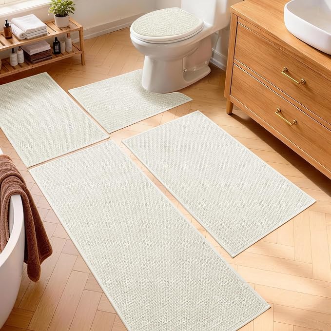 YIHOUSE Beige Bathroom Rugs Sets 5 Piece, Quick Dry Thin Bath Mat with Toilet Rug, Non Slip Absorbent Machine Washable, Bath Runner Rugs for Bathtub Sink Home Decor
