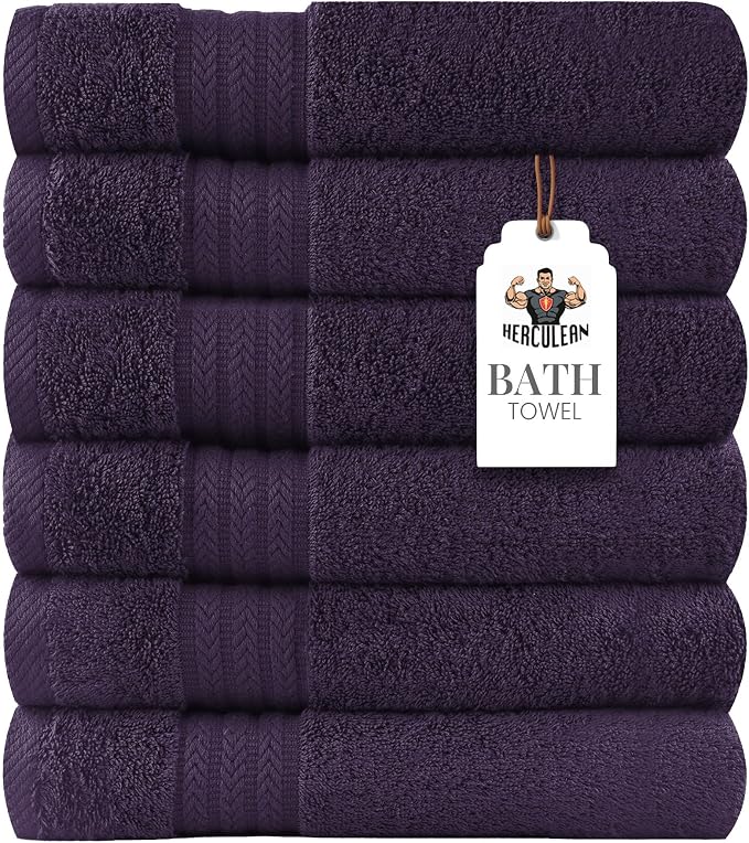 HERCULEAN Large Bath Towels 24 x 50 Pack of 6 | Quick Dry and Highly Absorbent | 100% Cotton Terry Towels for Bathroom - Perfect for Shower - Pool and Spa - Luxury Soft Towels - Plum