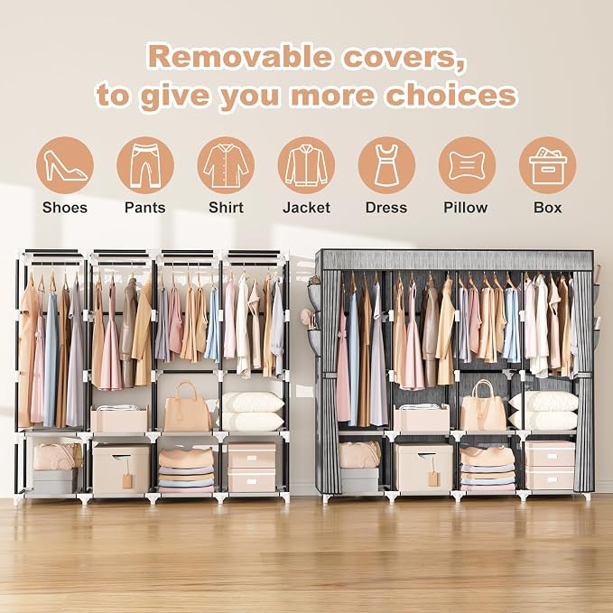 VTRIN Portable Closet for Hanging Clothes 67 Inch Wide Large Capacity Portable Wardrobe Closet with Cover, 4 Storage Shelves and 4 Hanging Rod Sturdy Free Standing Closet for Bedroom, Printing