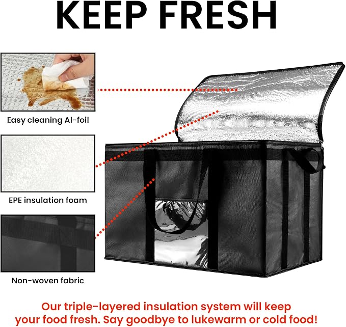 Insulated Food Bag, Portable Cooler Tote (3XL, Black, 10 Pack) | Large thermal bag, For cold & hot food, Soft sided cooler, Heavy duty carrier, Grocery shopping, Food delivery, Catering bag