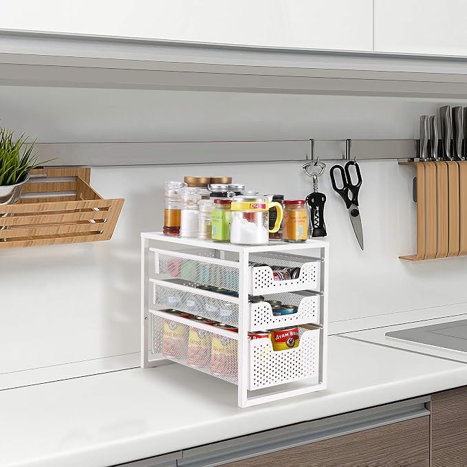 Simple Trending 3-Tier Under Sink Cabinet Organizer with Sliding Storage Drawer, Desktop Organizer for Kitchen Bathroom Office, Stackbale,White