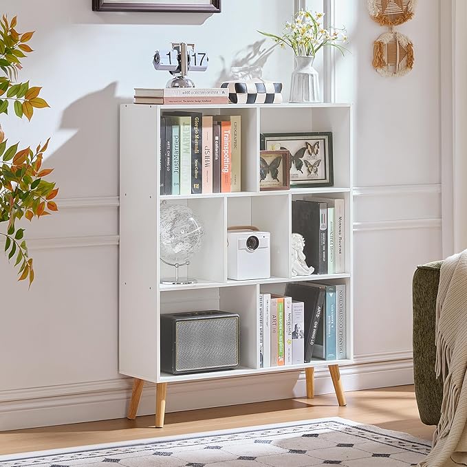 LEYAOYAO Cube Bookshelf, Mid-Century Modern Book Shelf with Legs, White | 3 Tier Bookcase, Rustic Wood Bookshelves Freestanding Small Storage Organizer, Open Shelves for Bedroom, Living Room, Office