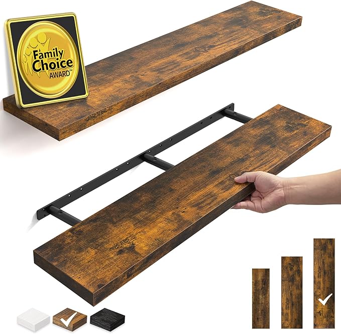 BAYKA Floating Shelves, 47.2 inches Long Wall Mounted Rustic Wood Shelves for Bathroom, Bedroom, Living Room, Kitchen, Office, Hanging Shelf for Books/Storage/Decor(Rustic Brown,Set of 2)