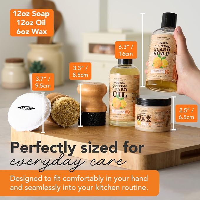 CLARK'S Food Grade Cutting Board Full Care Kit, Orange Lemon Scent - 6 Pack | Includes Food Grade Mineral Oil, Cutting Board Wax & Cleaner, Oil & Wax Applicators, Buffing Pads - Restores & Protects