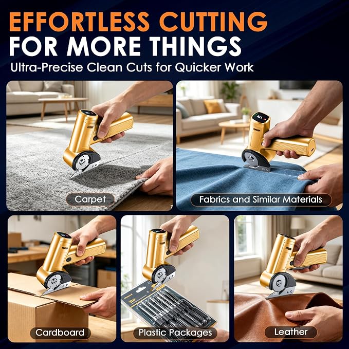 Cordless Electric Scissors Rechargeable, Smart Display Cardboard Box Cutter | 5 Speed and Battery Display Shear Cutting Tool with Storage Box Extra 2 Blades for Cardboard, Fabric, Leather, Plastic