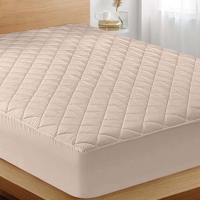Quilted Fitted Mattress Pad, King Mattress Protector Topper with Deep Pocket Stretches up to 16 Inches, Machine Washable Mattress Cover by Utopia Bedding (Beige)