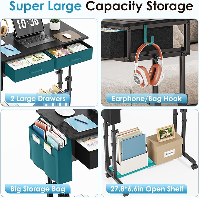 Small Standing Desk with Storage, Height Adjustable Sit Stand Desk with Drawers, Mobile Office Desk with Wheels and Side Pocket, Adjustable Laptop Workstation for Home Office