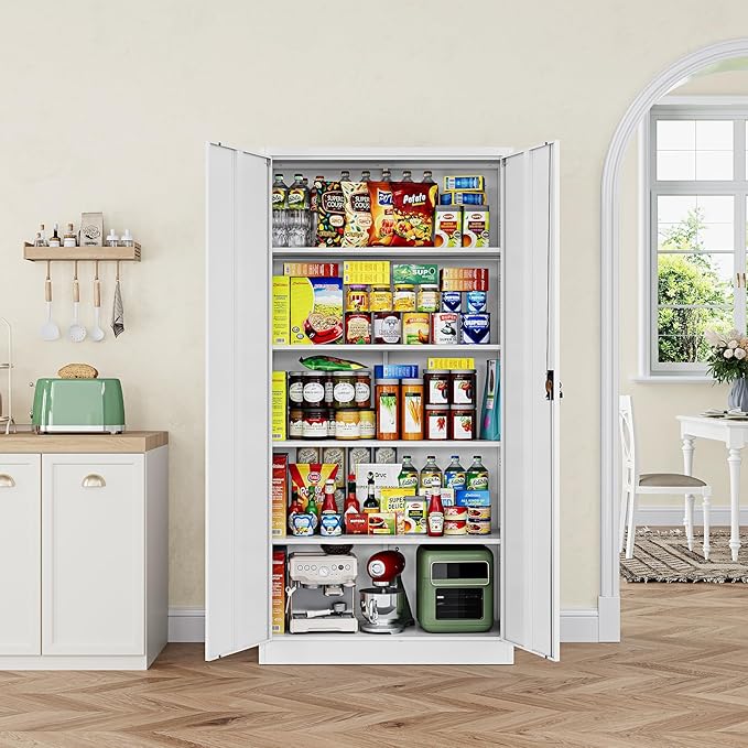 Metal Garage Storage Cabinets with Lock Door and Adjustable Shelves, Steel Tool Cabinets for Home,Office,Warehouse Organisieren (White, 72" H)