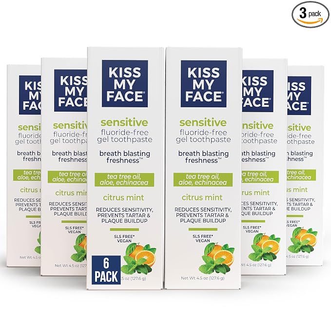 Kiss My Face Sensitive Toothpaste Gel, Citrus Mint Gel, Protection for Sensitive Teeth and Gums, with Tea Tree Oil, Aloe and Iceland Moss, Fluoride Free, Vegan, 4.5 oz, 3 Pack