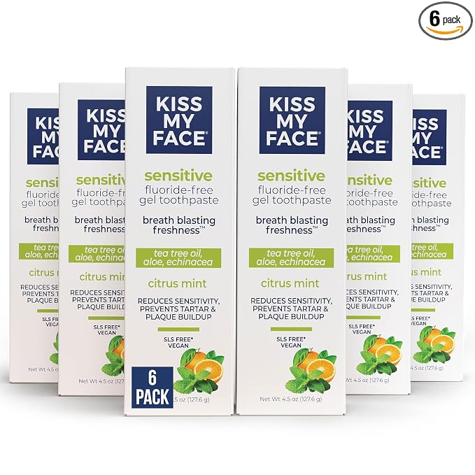 Kiss My Face Sensitive Toothpaste Gel, Citrus Mint Gel, Protection for Sensitive Teeth and Gums, with Tea Tree Oil, Aloe and Iceland Moss, Fluoride Free, Vegan, 4.5 oz, 6 Pack