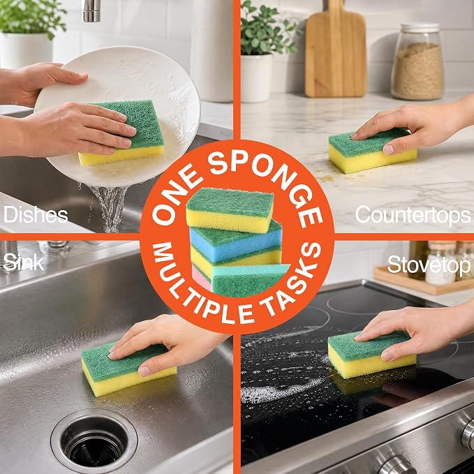 Macromax Colorful Sponge – Flat Dish Sponges for Daily Kitchen Use – Bright Non-Scratch Sponges for Plates, Glasses, Silverware & Stovetops – Multipurpose Cleaning - 10 Pieces