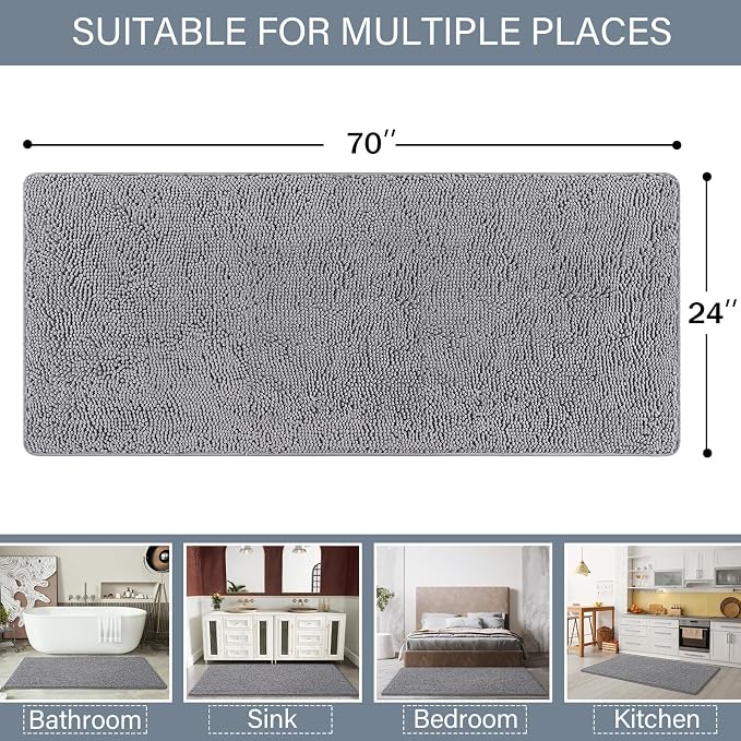 LOCHAS Luxury Bathroom Rug Shaggy Bath Mat 24 x 70 Inch, Gray | Washable Non Slip Bath Rugs for Bathroom Shower, Soft Plush Chenille Absorbent Carpets
