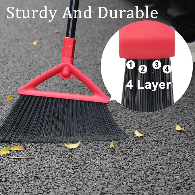 Heavy Duty Angle Broom 4 Pack - Red Broom for Outdoor & Indoor, Garage, Driveway, Sidewalk, Kitchen & More, Long Handle