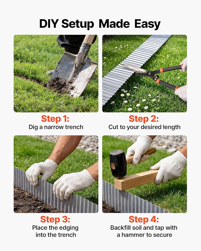VEVOR Galvanized Steel Landscape Edging, 50 ft x 6 in Metal Edging for Landscaping with Gloves, Easy-to-Install Bendable Metal Strips, Heavy Duty Metal Garden Edge Border for Flower Bed, Yard Pathway